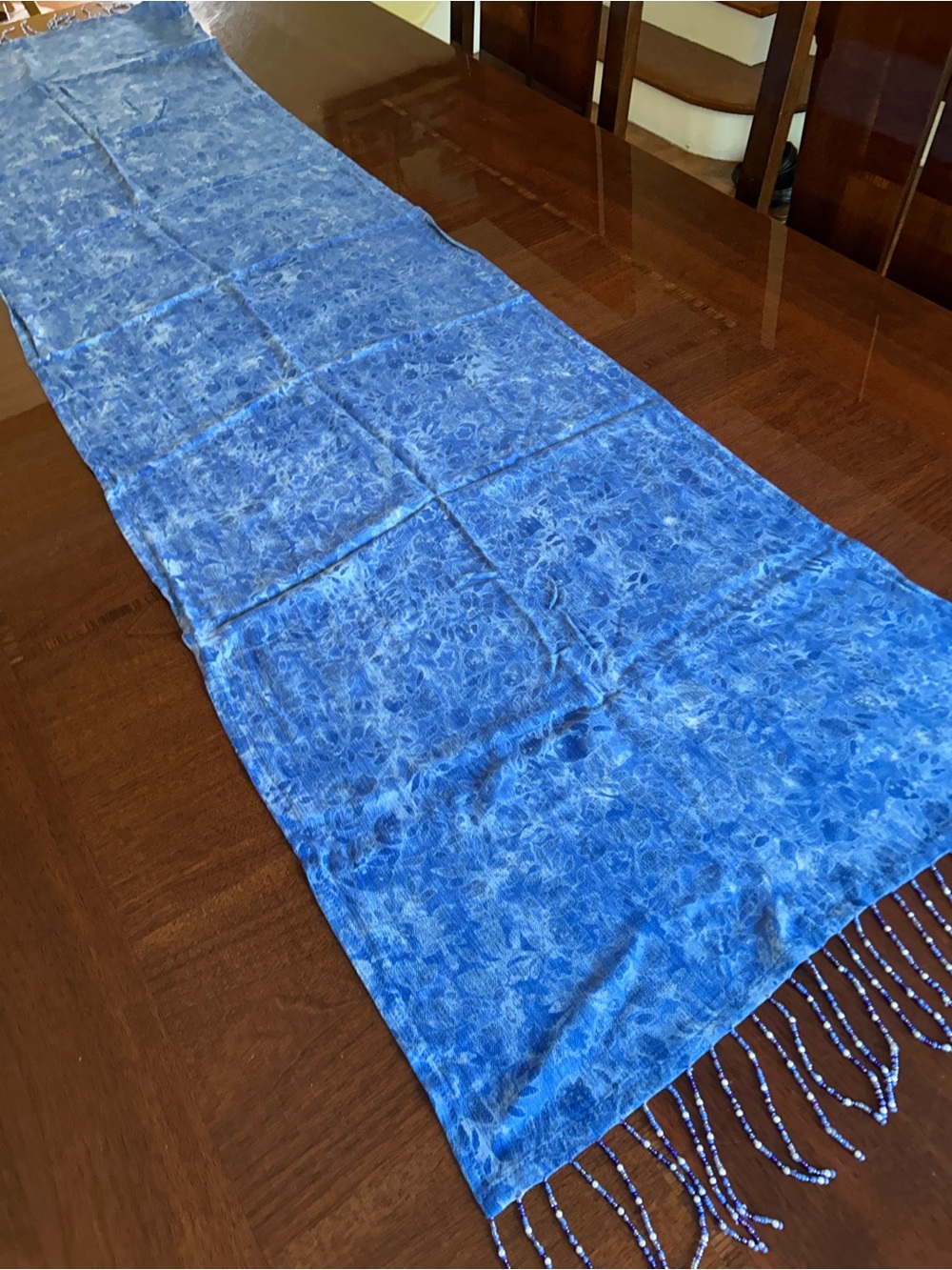 Blue Beaded Fringe Women's Scarf 19“ x 71“ - Picture 7 of 8